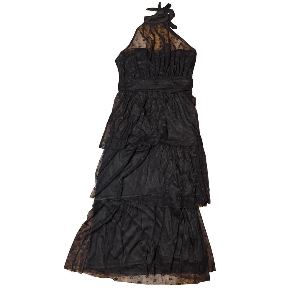 Lulus Black Floral Mesh Halter Midi Dress Tiered Party Cocktail NWT - Picture 7 of 8